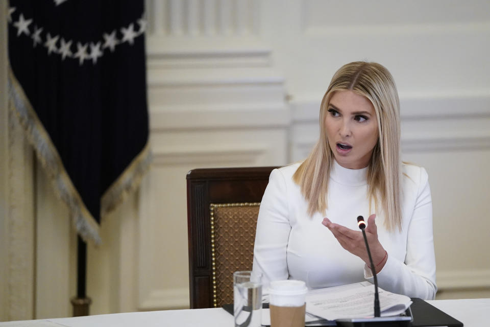 WASHINGTON, DC - JUNE 26: White House advisor Ivanka  Trump speaks during a meeting meeting of the American Workforce Policy Advisory Board in the East Room of the White House on June 26, 2020 in Washington, DC. Earlier in the day President Trump canceled his scheduled weekend trip to his private golf club in Bedminster, New Jersey which the state now has a mandatory 14-day quarantine for travelers coming from states with coronavirus spikes. (Photo by Drew Angerer/Getty Images)