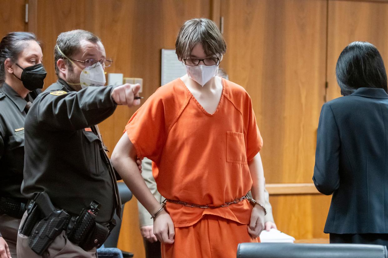 Ethan Crumbley is led away from the courtroom after a placement hearing at Oakland County Circuit Court on Feb. 22, 2022, in Pontiac