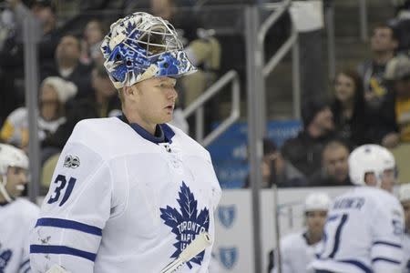 Dec 9, 2017; Pittsburgh, PA, USA; Toronto Maple Leafs goalie Frederik Andersen (31) reacts during the third period against the Pittsburgh Penguins at PPG PAINTS Arena. Mandatory Credit: Don Wright-USA TODAY Sports