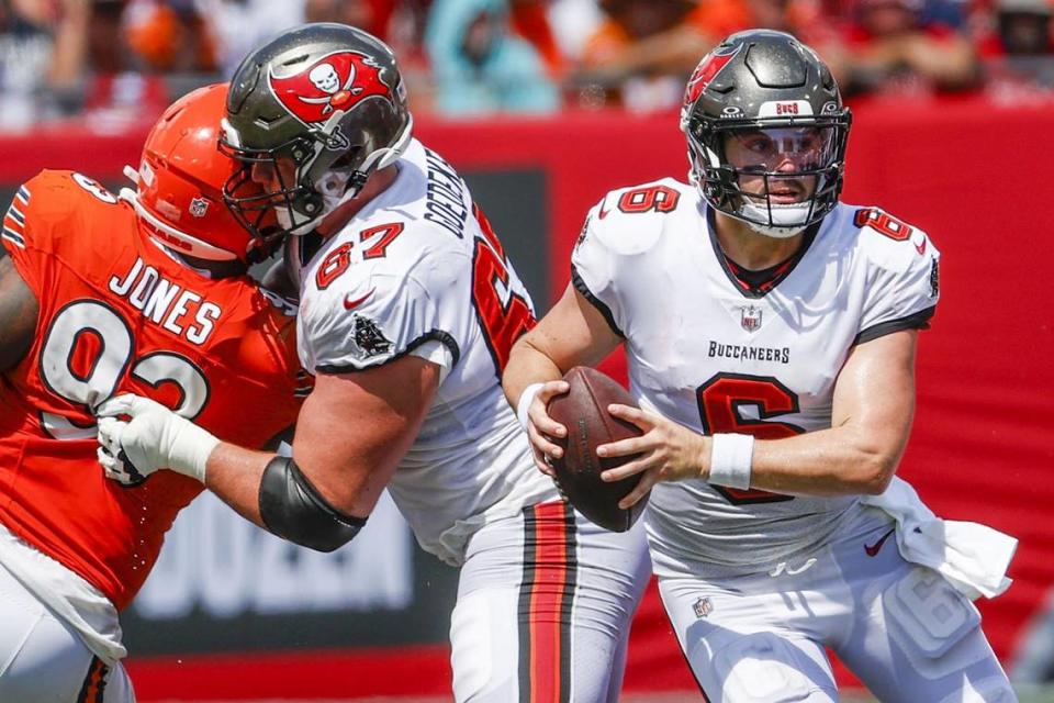 Tampa Bay Buccaneers quarterback Baker Mayfield (6), here protected by right tackle Luke Goedeke (67), has done a nice job of keeping plays alive even after pressure arrives. (Ivy Ceballo/Tampa Bay Times/TNS) Ivy Ceballo/TNS