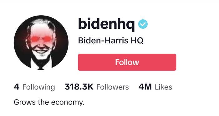 Profile of Biden-Harris HQ with a verified check, follower details, and the phrase "Grows the economy."