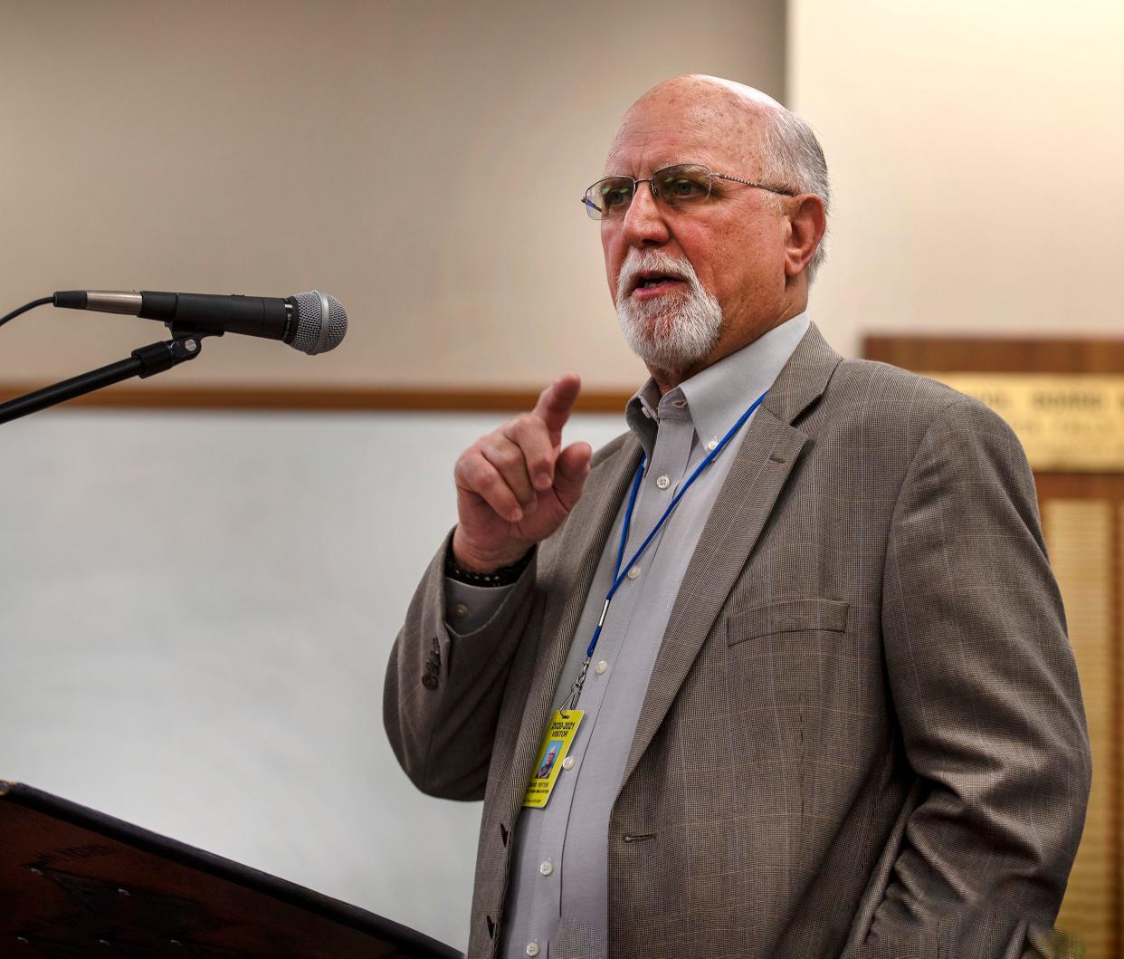 David Potter gives the School Board an update on construction of the two new high schools during a special session April 12, 2022. Potter is the contract-administration phase architect, a member of the American Institute of Architects and president of DP4 Consult, which is a consultant to Huckabee.