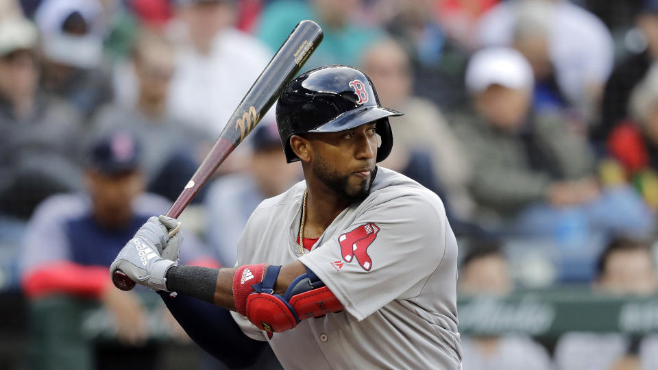 Boston Red Sox Eduardo Nunez in action against the Seattle Mariners in a baseball game Thursday, March 28, 2019, in Seattle. (AP Photo/Elaine Thompson)