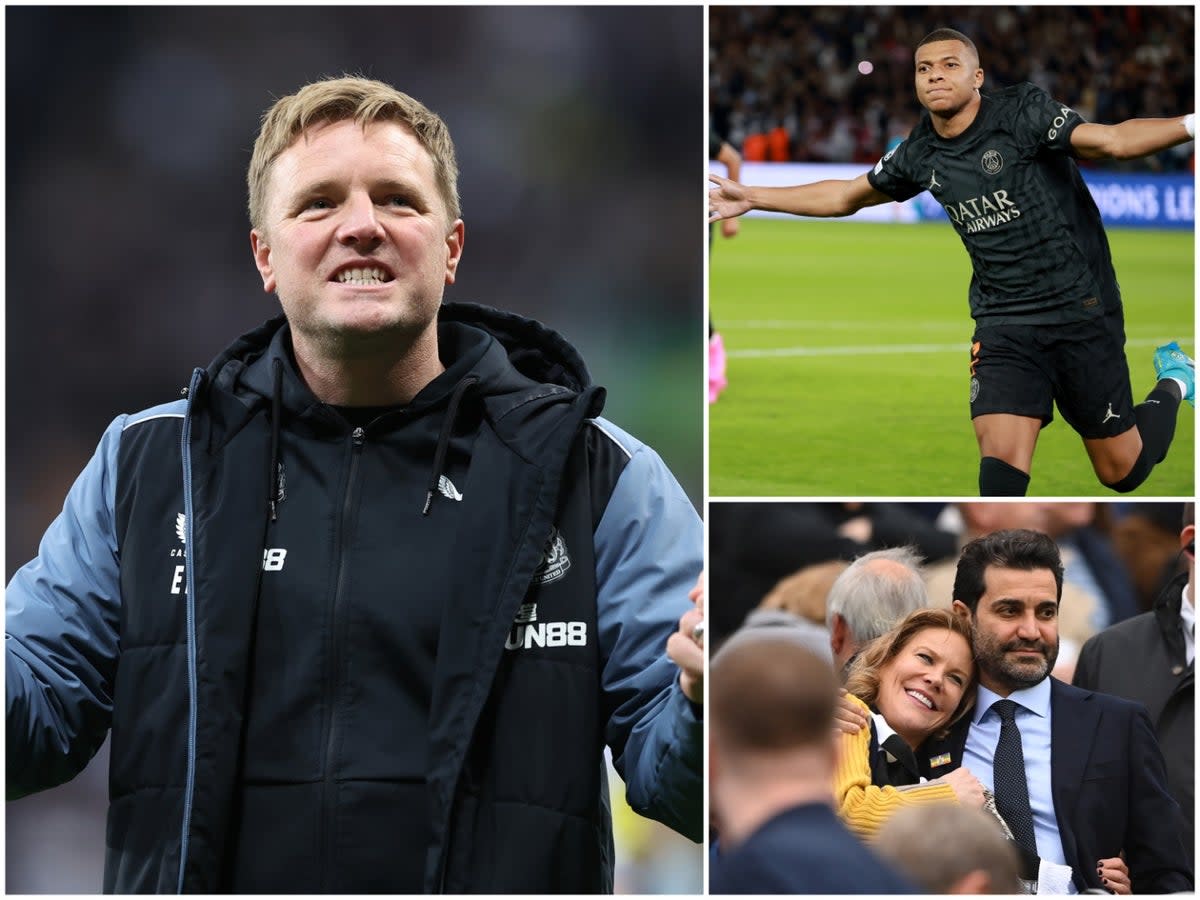 Newcastle manager Eddie Howe, PSG star Kylian Mbappe and Newcastle co-owners Amanda Staveley and husband Mehrdad Ghodoussi   (Getty)