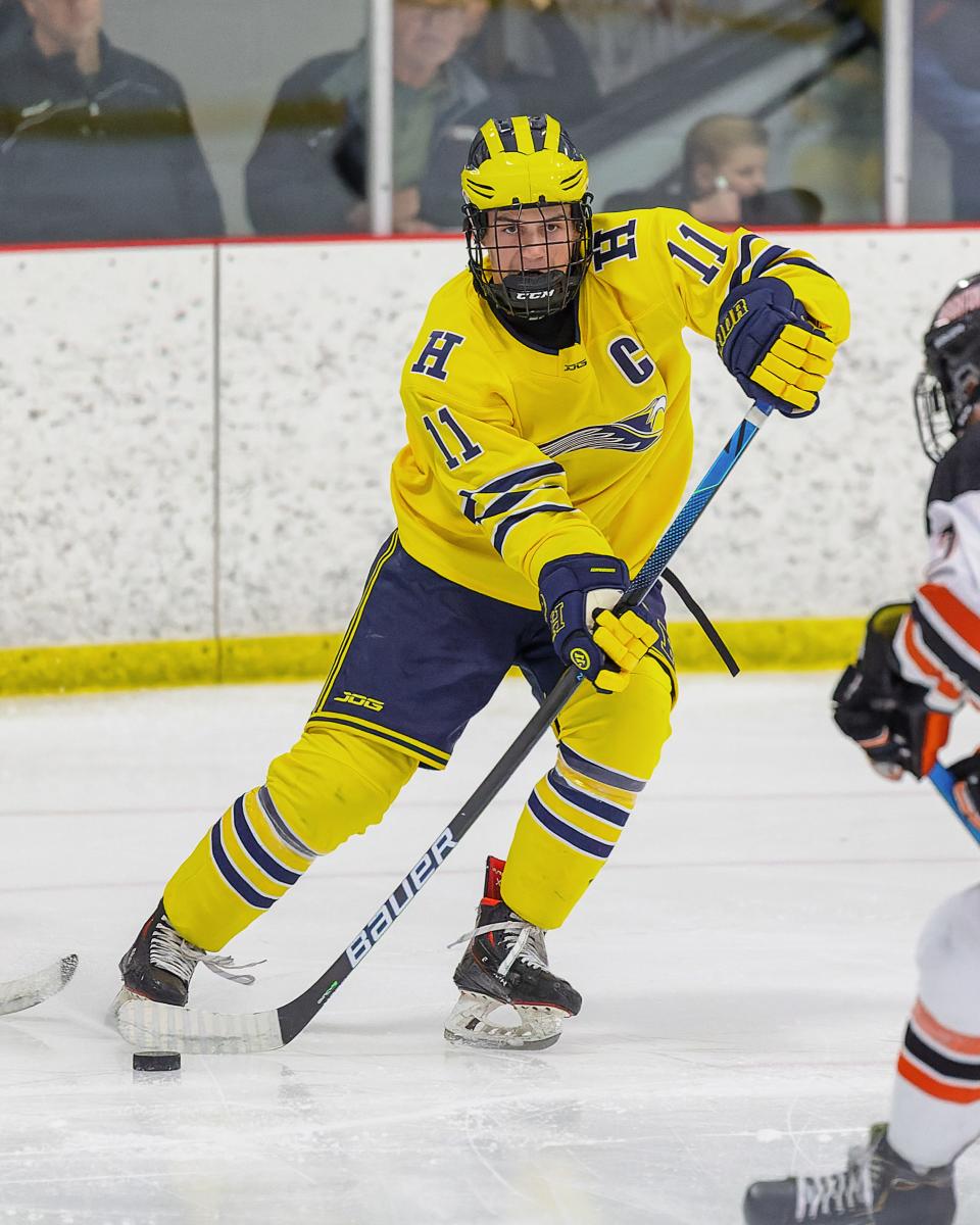 Ben Pouliot scored two goals for Hartland in a 4-3 shootout victory over Brighton in the championship game of the Kensington Valley Thanksgiving Invitational on Saturday, Nov. 26, 2022.