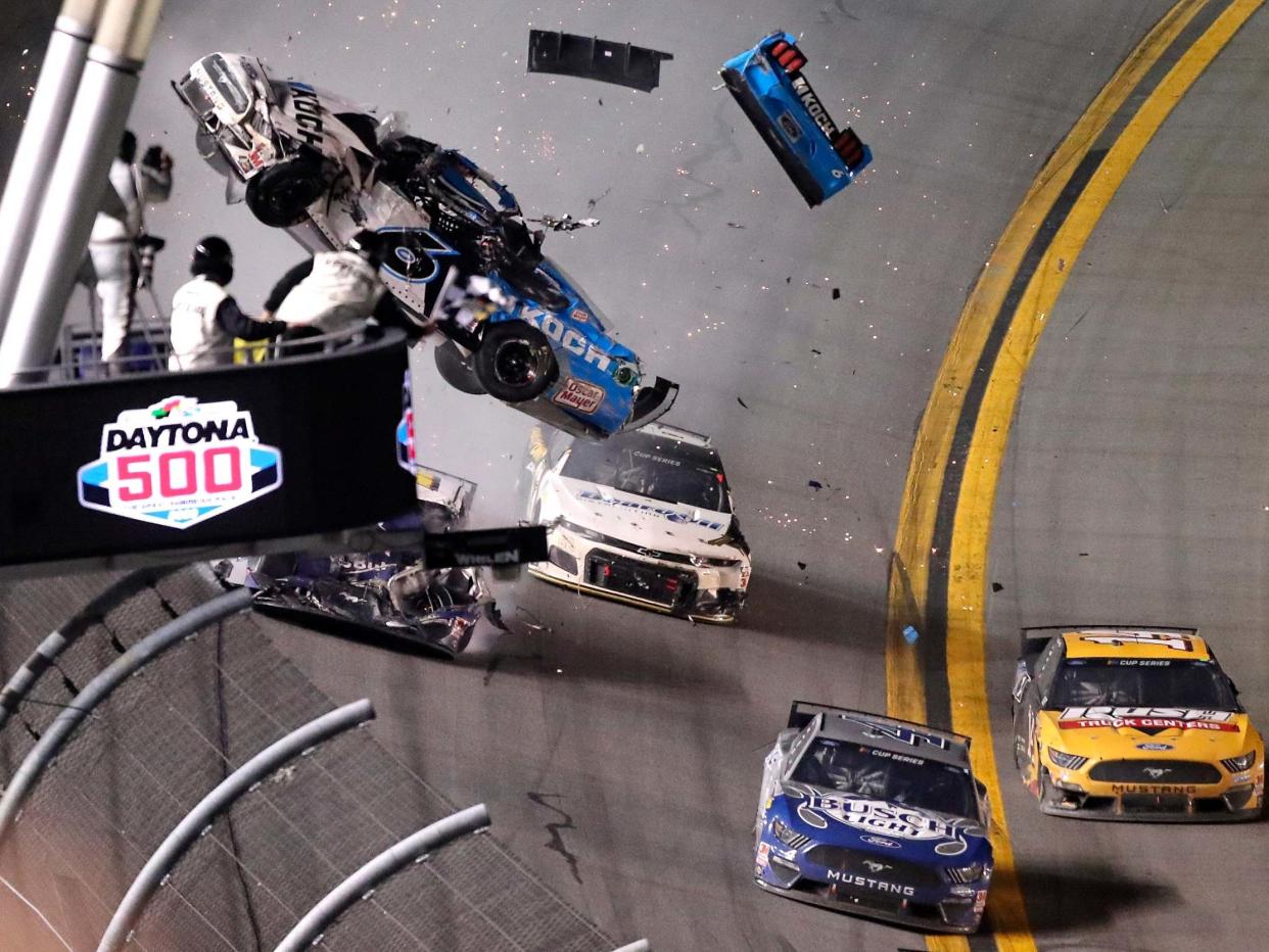 Ryan Newman's No 6 car is sent airborne after contact with Ryan Blaney and Corey LaJoie: AP