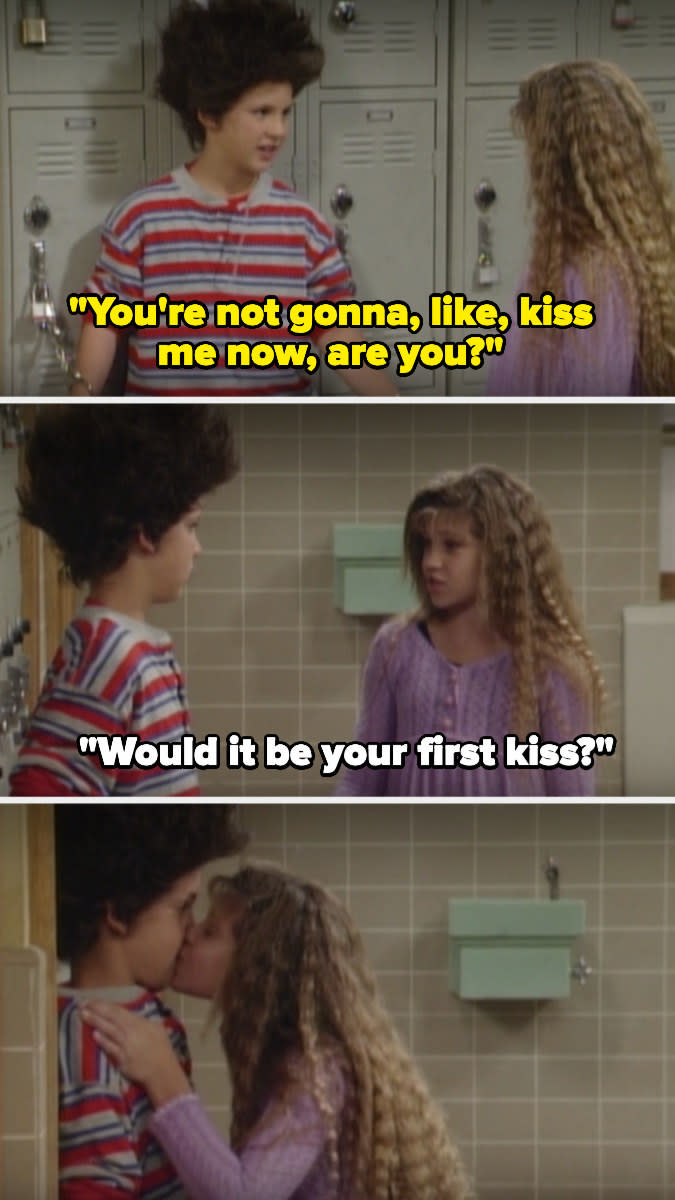 Corey asks if Topanga's going to kiss him, and she asks if it'd be his first kiss, then kisses him