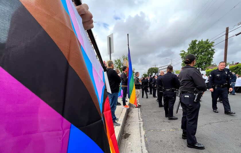 NORTH HOLLYWOOD CA JUNE 2, 2023 - LAPD and school police were on hand outside Saticoy Elementary School in North Hollywood Friday as some parents protested a Pride Month recognition at the campus. (Myung J. Chun. /Los Angeles Times)