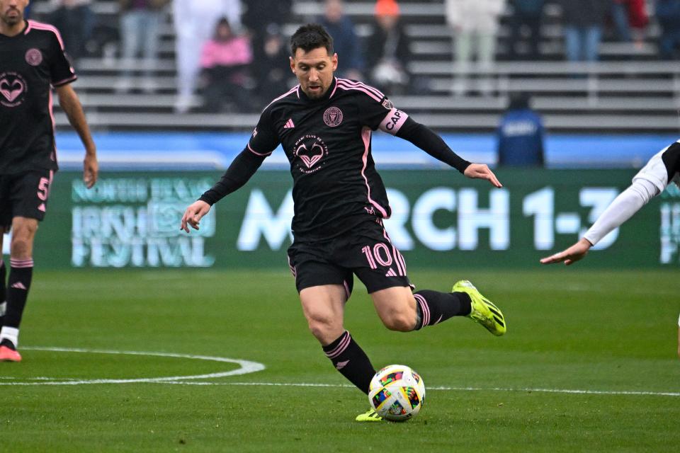 Jan 22, 2024; Dallas, TX, USA; Inter Miami forward Lionel Messi (10) in action during the game between FC Dallas and Inter Miami at Cotton Bowl Stadium. Mandatory Credit: Jerome Miron-USA TODAY Sports