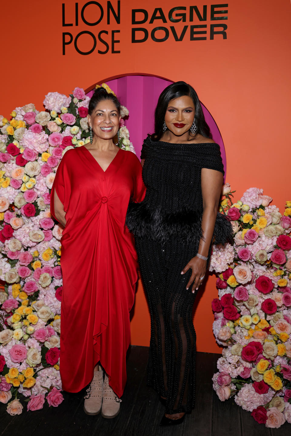 Nisha Pahuja and Mindy Kaling attend a Diwali Celebration Hosted by Mindy Kaling, Lion Pose, and Dagne Dover at Arth Bar & Kitchen on November 6, 2023 in Culver City, California. 