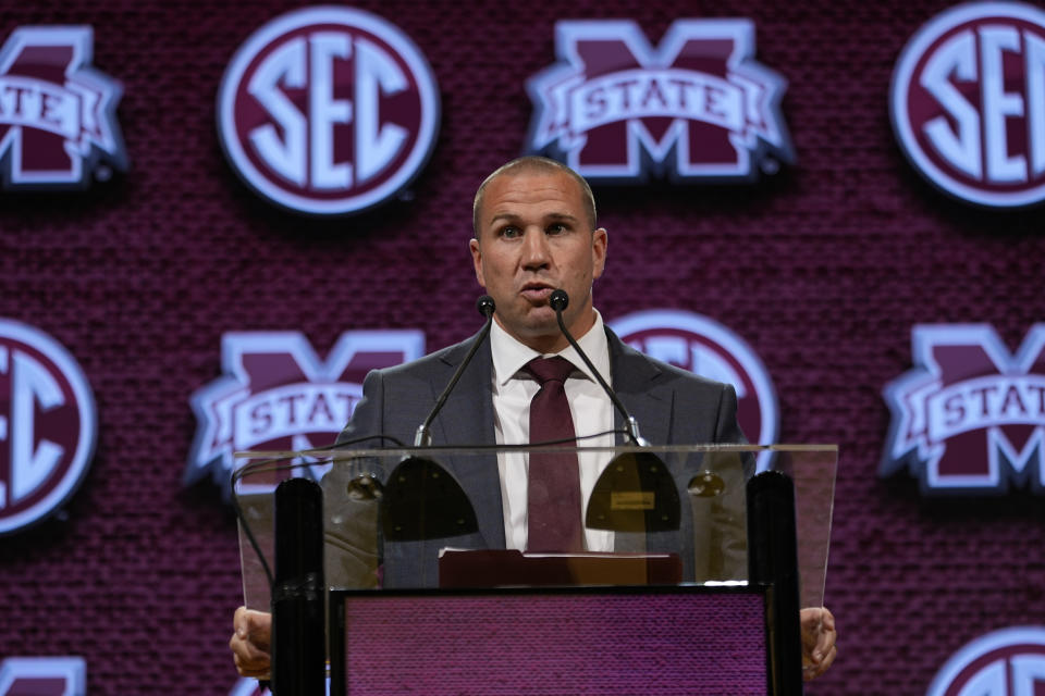 FILE - Mississippi State head coach Zach Arnett speaks during NCAA college football Southeastern Conference Media Days, Tuesday, July 18, 2023, in Nashville, Tenn. Mississippi State fired coach Zach Arnett on Monday, Nov. 13, 2023, just 10 games into his first season on the job as the late Mike Leach's replacement.(AP Photo/George Walker IV, File)