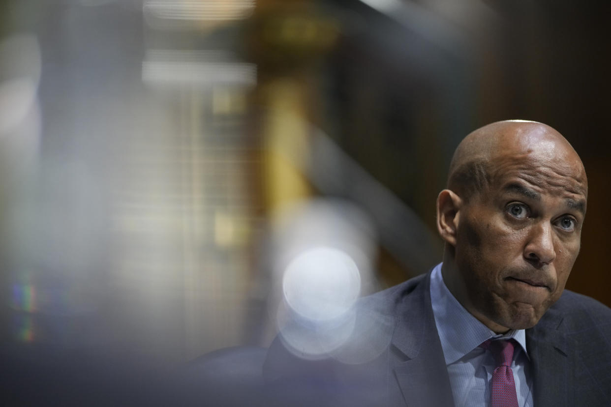 Senator Cory Booker, a Democrat from New Jersey, during a Senate Foreign Relations Committee hearing in Washington, D.C., U.S., on Tuesday, Sept. 14, 2021. (Drew Angerer/Bloomberg via Getty Images)