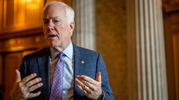 PHOTO: Sen. John Cornyn speaks to reporters ahead of a weekly Republican luncheon on Capitol Hill, June 22, 2022, in Washington, DC. (Brandon Bell/Getty Images)