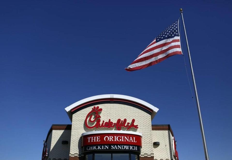 A U.S. flag flies outside a Chick-fil-A restaurant in Bowling Green, Ky.