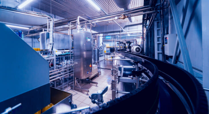 A photograph of the inside of a factory showing machinery and conveyer belts representing AIMC Stock.