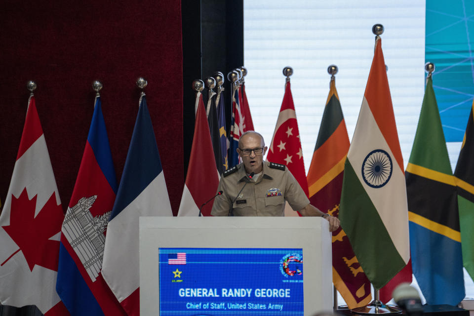 Chief of staff of the U.S. Army Gen. Randy George speaks at the opening ceremony of 13th Indo-Pacific Armies Chiefs Conference and 47th Indo-Pacific Armies Management Seminar in New Delhi, India, Tuesday, Sept. 26, 2023. (AP Photo/Altaf Qadri)