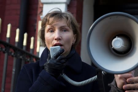 Marina Litvinenko speaks during a demonstration in support of Boris Nemtsov, former deputy prime minister of Russia and prominent critic of Vladimir Putin, outside the Russian Embassy in London March 01, 2015. REUTERS/Neil Hall