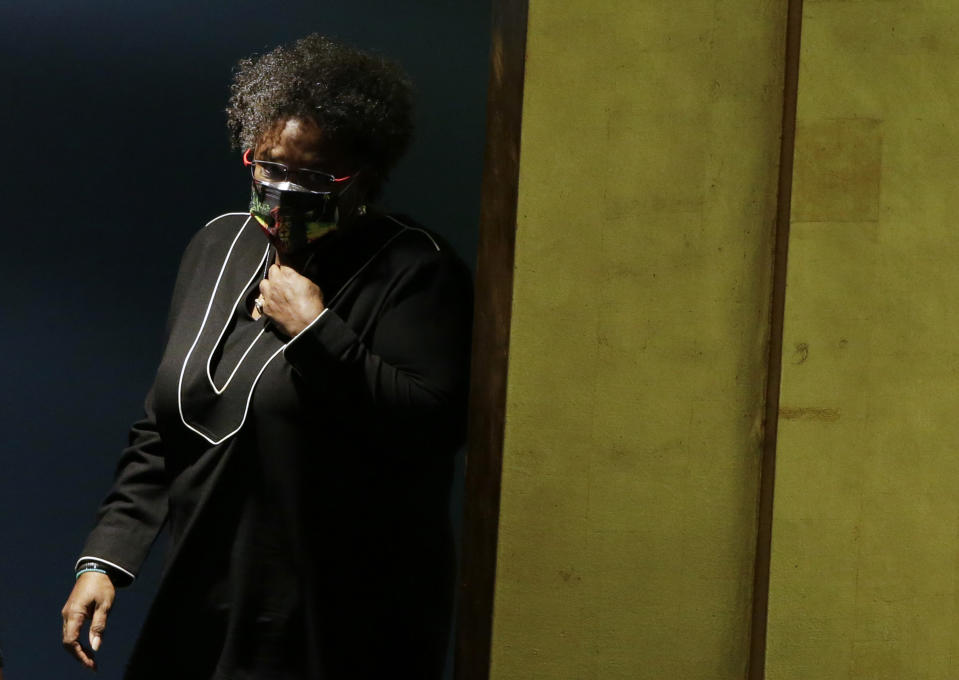 Mia Amor Mottley, Prime Minister, Minister for National Security and the Civil Service addresses the 76th Session of the U.N. General Assembly at United Nations headquarters in New York, on Friday, Sept. 24, 2021. (John Angelillo /Pool Photo via AP)