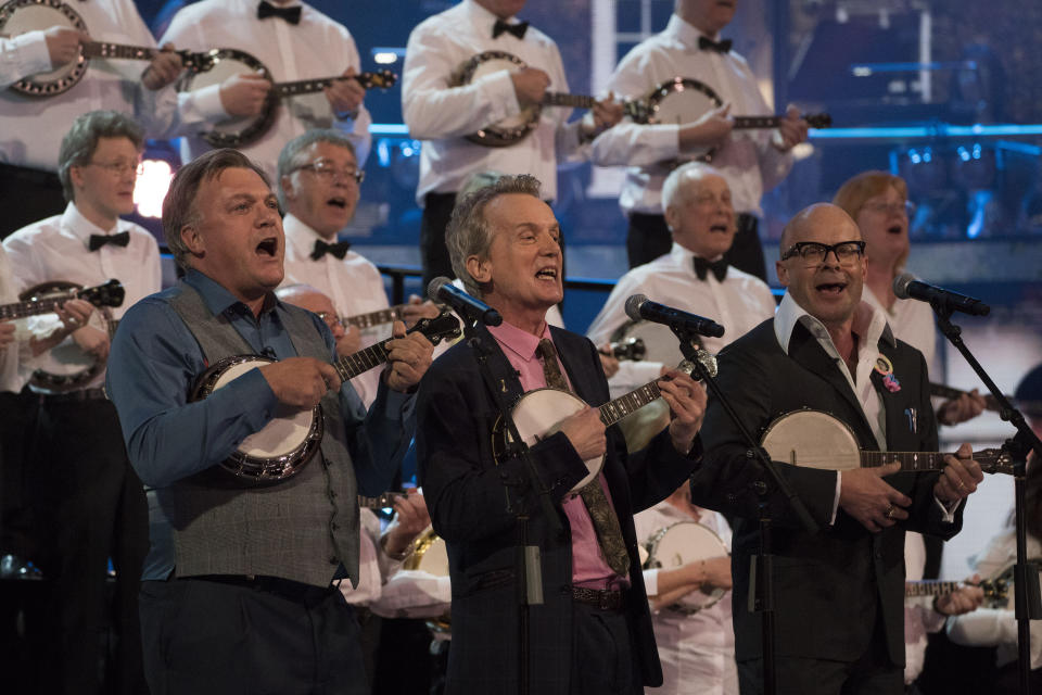 Ed Balls, Frank Skinner and Harry Hill perform for the Queen (Picture: PA)