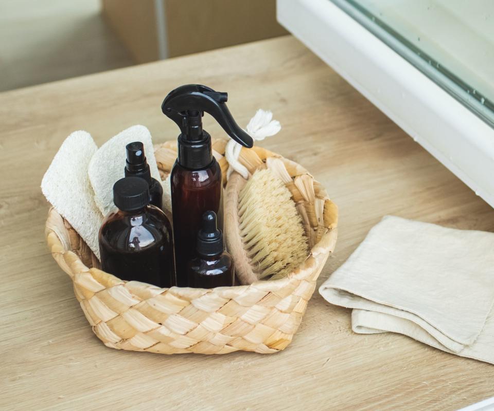 amber glass bottles in a basket