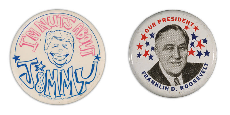 Buttons read "I'm nuts about Jimmy" with an illustration of Jimmy Carter and a peanut in place of the "I" in his name, and an "Our President Franklin D Roosevelt" button