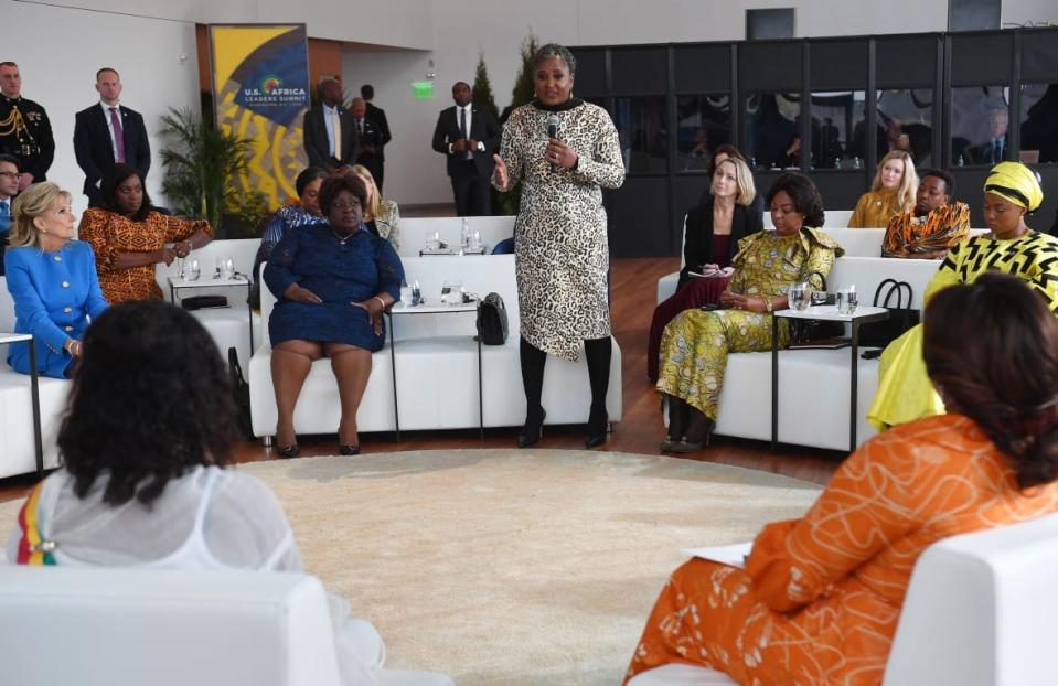 First lady of the Republic of Namibia, Monica Geingo, with US First Lady Jill Biden (L), speaks at a spousal program as part of the US-Africa Leaders’ Summit at the REACH at the Kennedy Center for Performing Arts in Washington, DC on December 14, 2022. – The First Lady will convene over 20 spouses for a conversation on breaking down barriers to cancer prevention, early detection, and care for young women and girls around the world. (Photo by Nicholas Kamm / AFP) (Photo by NICHOLAS KAMM/AFP via Getty Images)