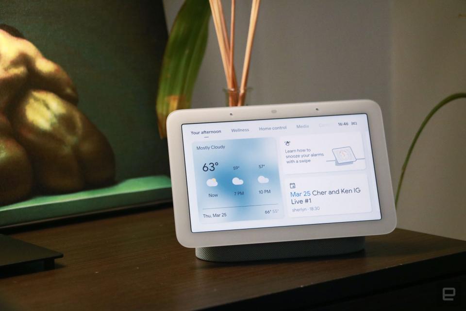 <p>Google Nest Hub 2021 (2nd gen) photo. Picture of Google's newest smart display on a nightstand.</p>
