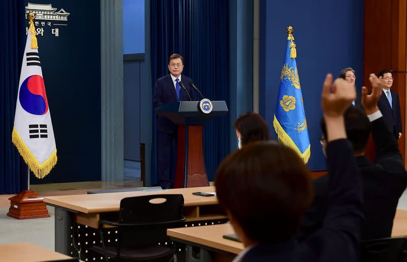 South Korean President Moon Jae-in speaks on the occasion of the third anniversary of his inauguration at the presidential Blue House in Seoul