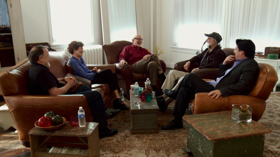 Dave Goelz, Fran Brill, Frank Oz, Jerry Nelson, and Bill Barretta in a still from <em>Muppet Guys Talking</em>. (Photo: Vibrant Mud)