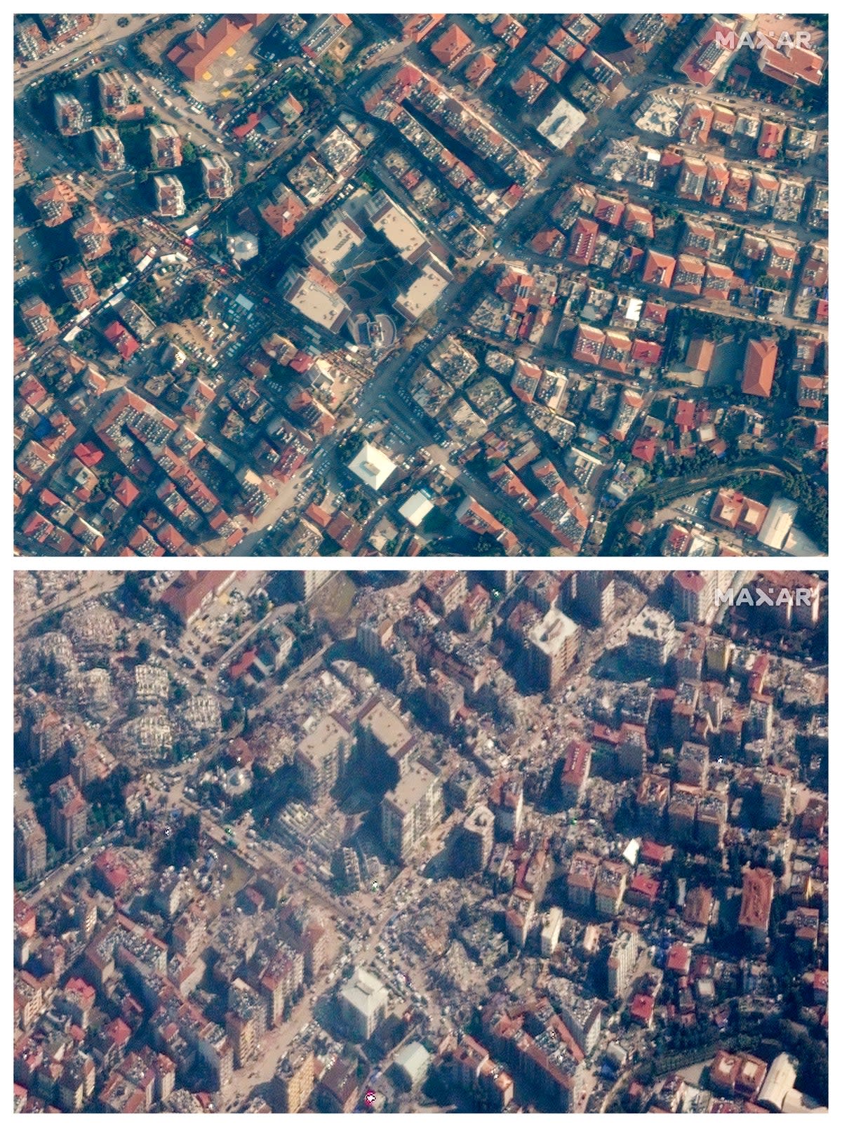 Buildings in Antakya, Turkey, before and after a powerful earthquake struck the regio (AP)