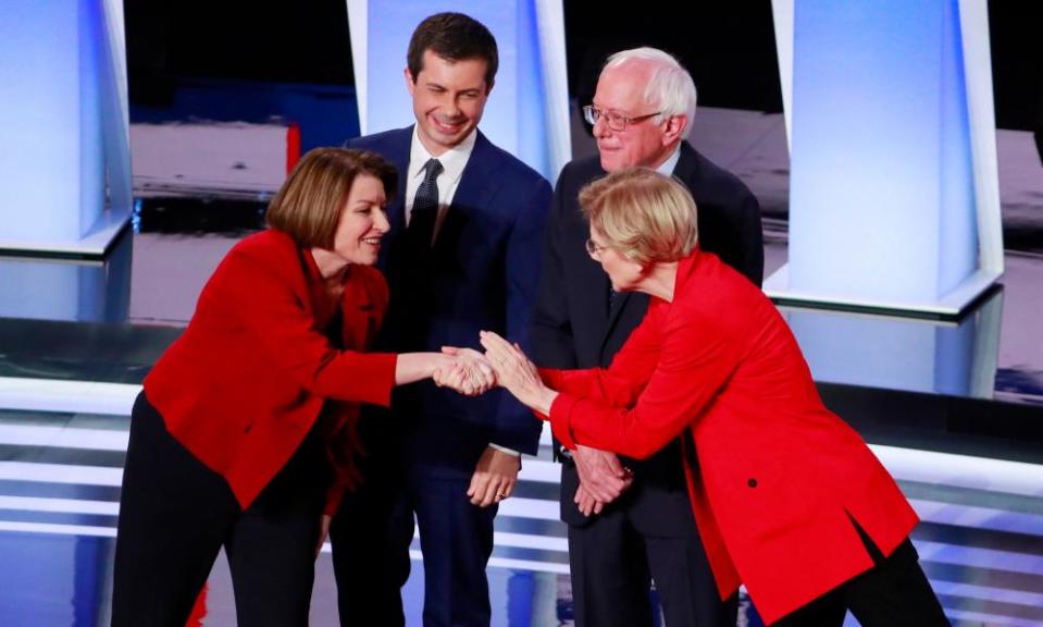 Amy Klobuchar, Pete Buttigieg, Bernie Sanders and Elizabeth Warren at the first night of the second Democratic debate in Detroit, Michigan, on 30 July.