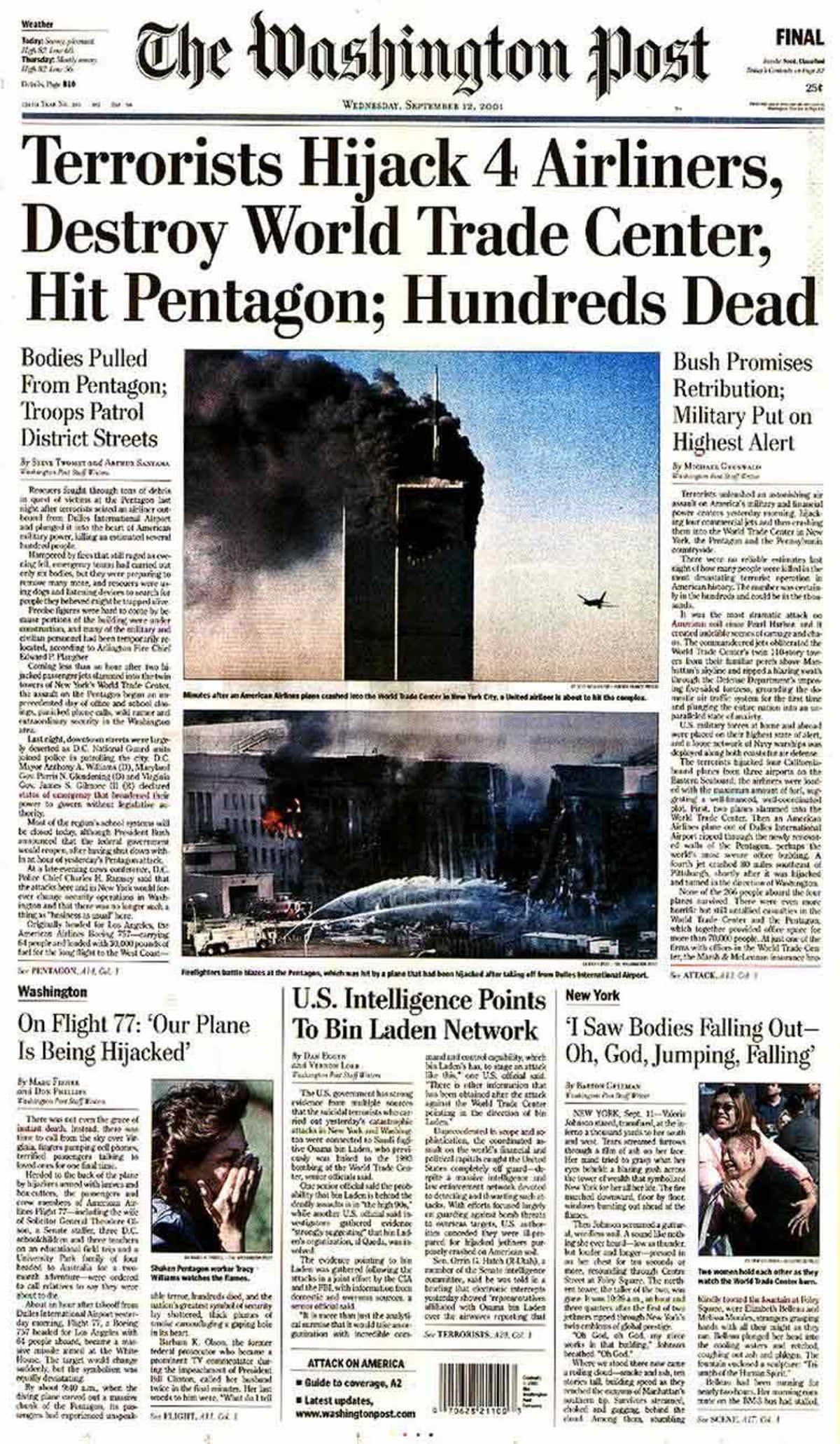 The Washington Post’s front page on 12 September, 2001 (The Washington Post)