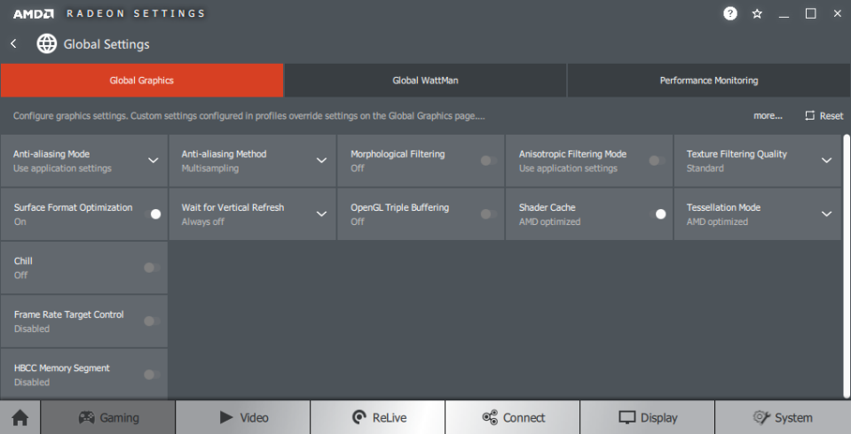 AMD Radeon settings menu showing 