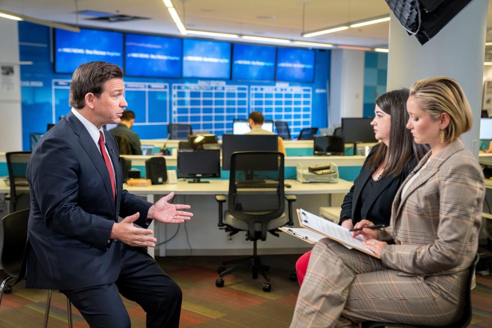 Republican presidential candidate Florida Gov. Ron DeSantis sits for an interview with Brianne Pfannenstiel of the Des Moines Register and Dasha Burns of NBC News in the Des Moines Register Newsroom, Thursday, Jan. 4, 2024.