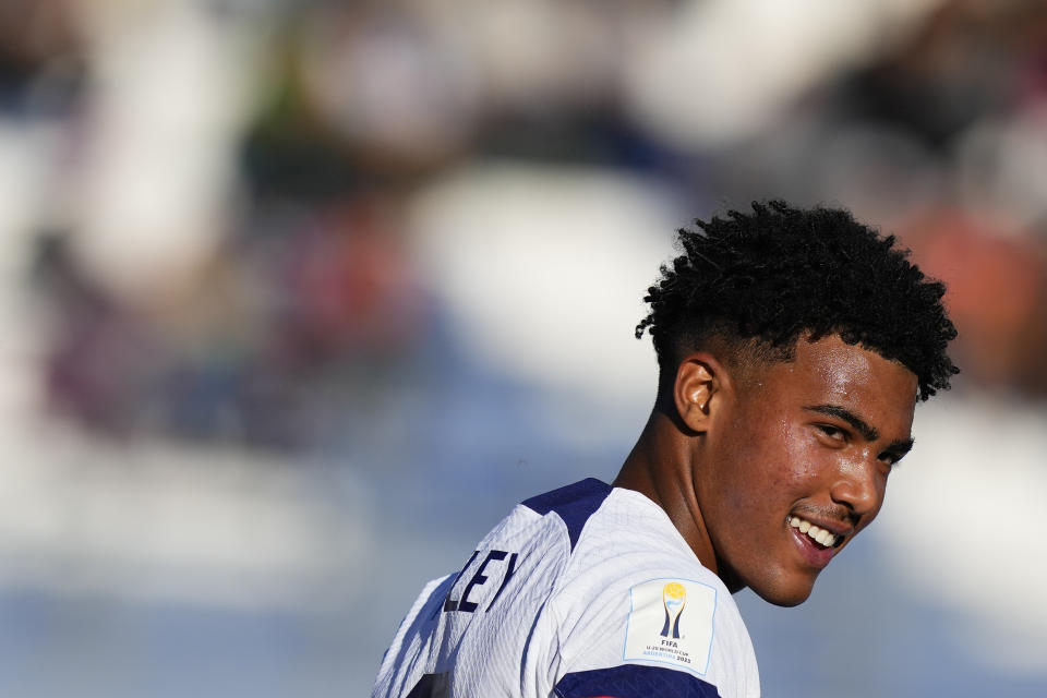 Caleb Wiley of the United States celebrates scoring his side's third goal against Fiji during a FIFA U-20 World Cup Group B soccer match at Bicentenario stadium in San Juan, Argentina, Tuesday, May 23, 2023. (AP Photo/Natacha Pisarenko)