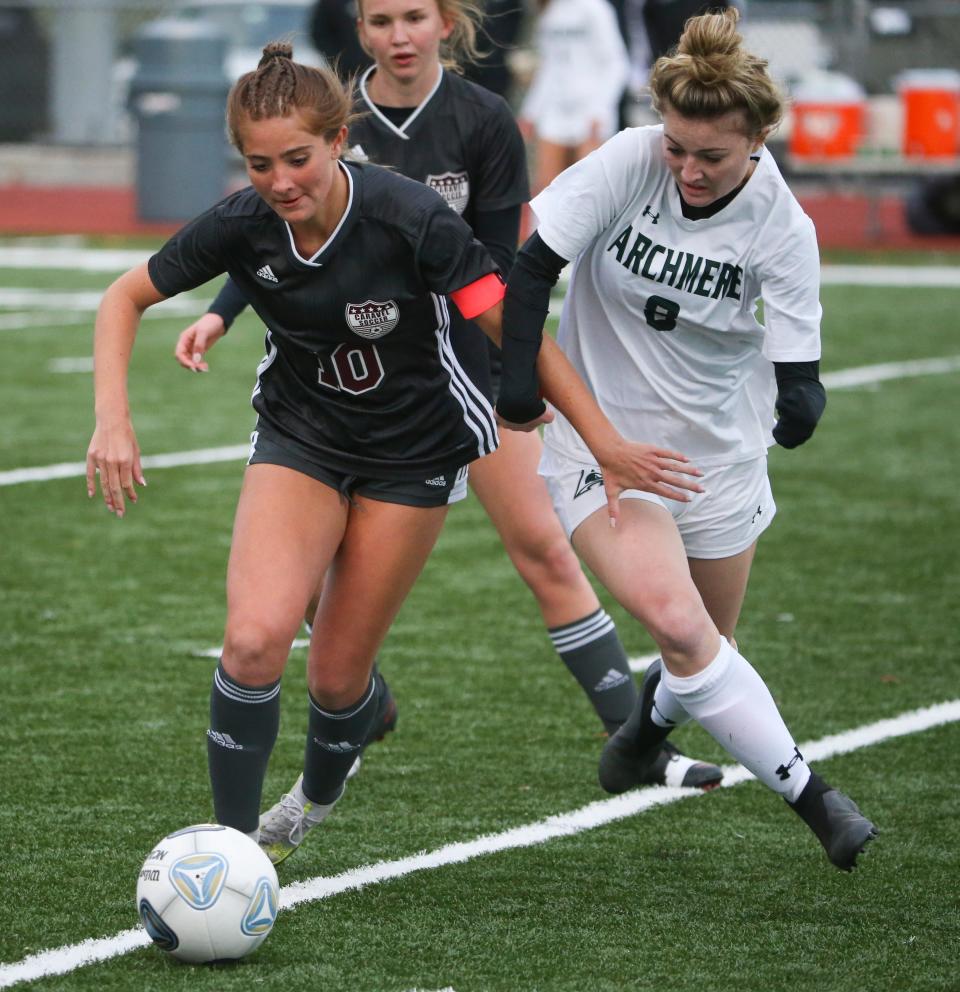 Both Caravel's Olivia Csapo (left) and Archmere's Hannah Stewart - shown here during the Bucs' 3-2 win on April 27 - will be in action in the DIAA Division II Girls Soccer Tournament this week.