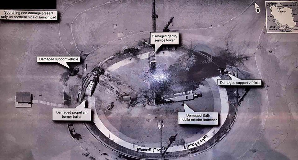 This image taken from the Twitter account of President Donald J. Trump, @realDonaldTrump, shows an undated photo of the aftermath of an explosion at Iran's Imam Khomeini Space Center in the country's Semnan province. The explosion Thursday, Aug. 29, 2019, left the smoldering remains of a rocket on a launch pad at the center, which was to conduct a U.S.-criticized satellite launch. In his tweet Friday, Aug. 30, 2019, Trump wrote: "The United States of America was not involved in the catastrophic accident during final launch preparations for the Safir SLV Launch at Semnan Launch Site One in Iran. I wish Iran best wishes and good luck in determining what happened at Site One." (Donald J. Trump Twitter account via AP)