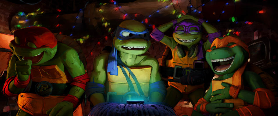 L-R: Raphael, Leonardo, Donatello And Michelangelo in Teenage Mutant Ninja Turtles: Mutant Mayhem. (Paramount)