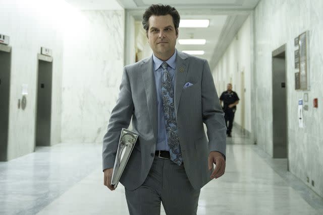 <p>Drew Angerer/Getty</p> Rep. Matt Gaetz leaves a closed-door meeting with former White House counsel Don McGahn on June 4, 2021