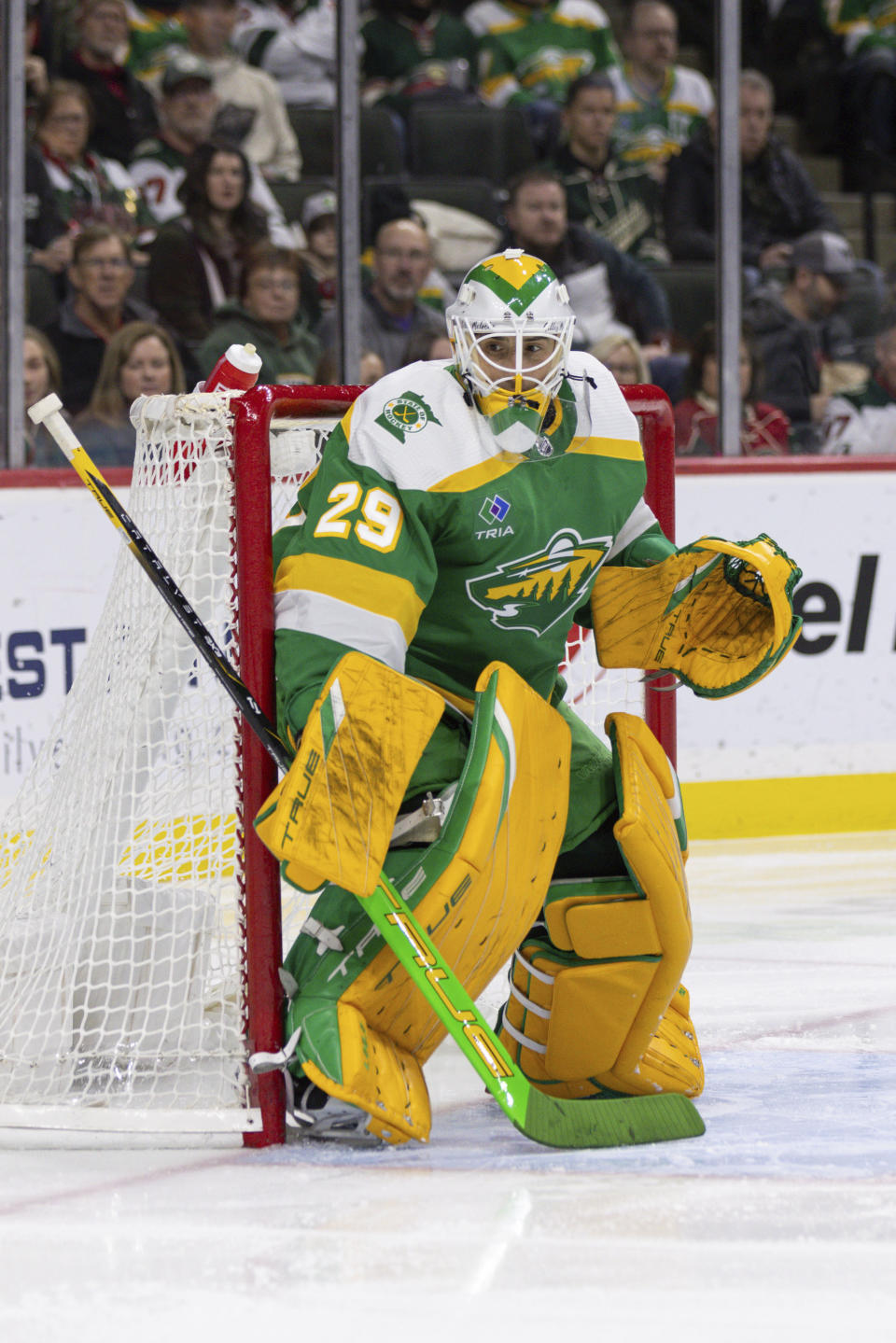 Minnesota Wild goaltender Marc-Andre Fleury (29) focuses on the play during the second period of an NHL hockey game against the Winnipeg Jets, Sunday, Dec. 31, 2023, in St. Paul, Minn. (AP Photo/Bailey Hillesheim)