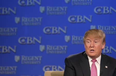 U.S. Republican presidential candidate Donald Trump speaks at a campaign event at Regents University in Virginia Beach, Virginia February 24, 2016. REUTERS/Joshua Roberts