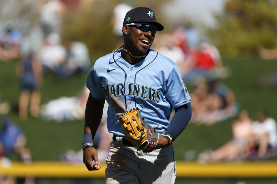 MESA, ARIZONA - MARCH 03: Kyle Lewis #1 of the Seattle Mariners reacts after the second inning against the Chicago Cubs on March 03, 2021 at Sloan Park in Mesa, Arizona. (Photo by Steph Chambers/Getty Images)