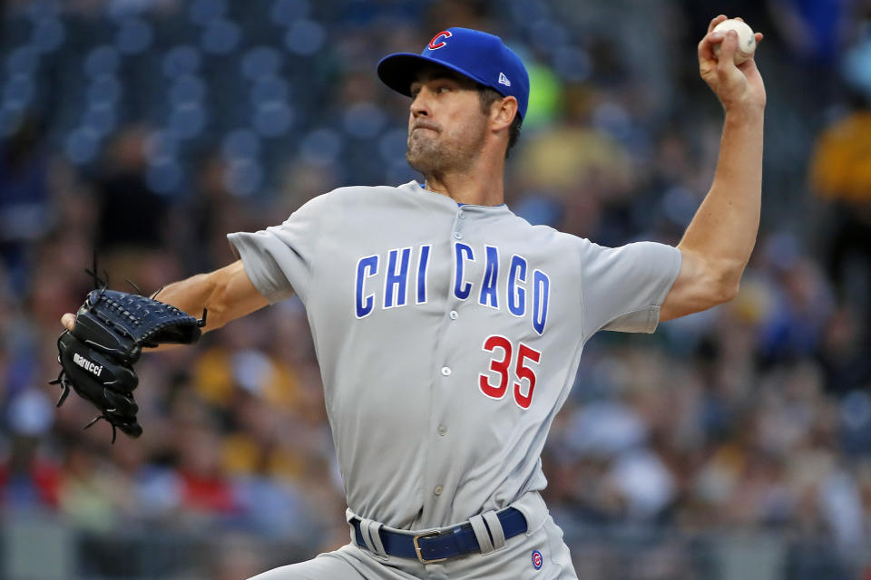 Chicago Cubs starting pitcher Cole Hamels delivers in the first inning of the team's baseball game against the Pittsburgh Pirates in Pittsburgh, Wednesday, Aug. 1, 2018. (AP Photo/Gene J. Puskar)