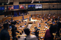 European Commission President Ursula von der Leyen addresses the plenary during her first State of the Union speech at the European Parliament in Brussels, Wednesday, Sept. 16, 2020. European Commission President Ursula von der Leyen will set out her vision of the future in her first State of the European Union address to the EU legislators. Weakened by the COVID-19 pandemic and the departure of the United Kingdom, she will center her speech on how the bloc should adapt to the challenges of the future, including global warming, the switch to a digital economy and immigration. (AP Photo, Francisco Seco)