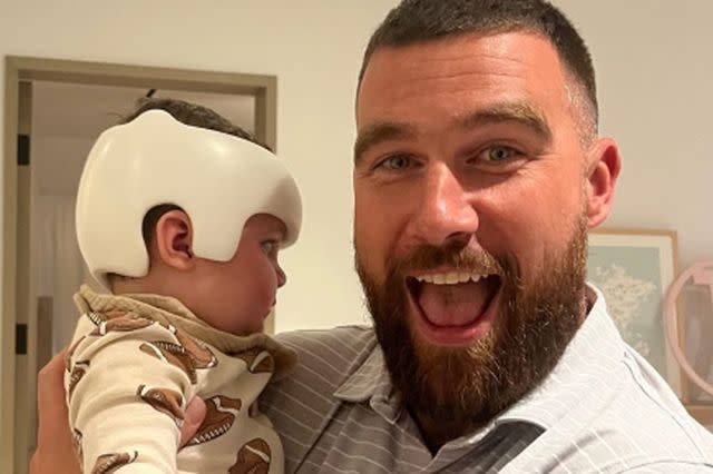 <p>Haylee Parsons/Instagram</p> Travis Kelce Adorably Signs His Friend Chandler Parson's Son's Cranial Helmet: 'Uncle Trav's in Town!'