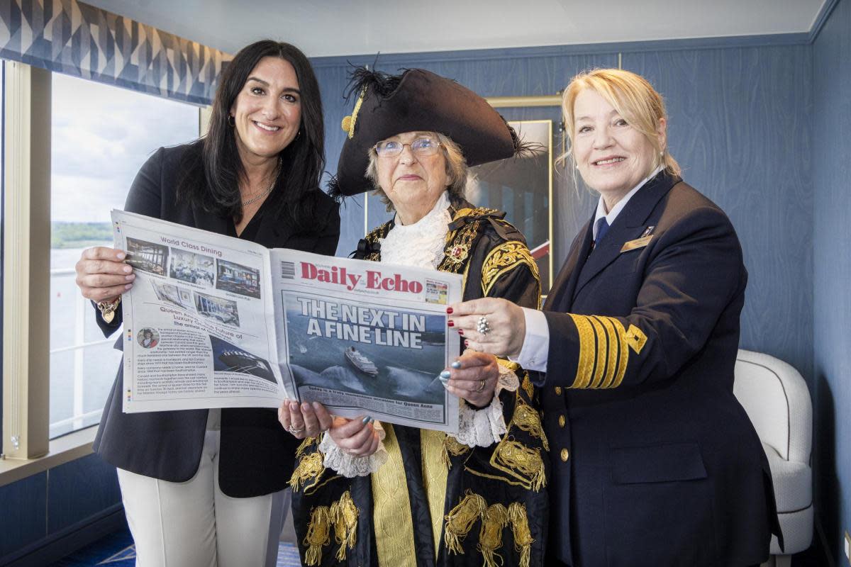 President of Cunard Katie McAlister, the Lord Mayor of Southampton Councillor Valerie Laurent and Captain Inger Thorhauge reading the Echo. <i>(Image: Chris Ison)</i>