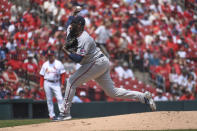 Minnesota Twins starting pitcher Michael Pineda throws during the first inning of a baseball game against the St. Louis Cardinals on Sunday, Aug. 1, 2021, in St. Louis. (AP Photo/Joe Puetz)