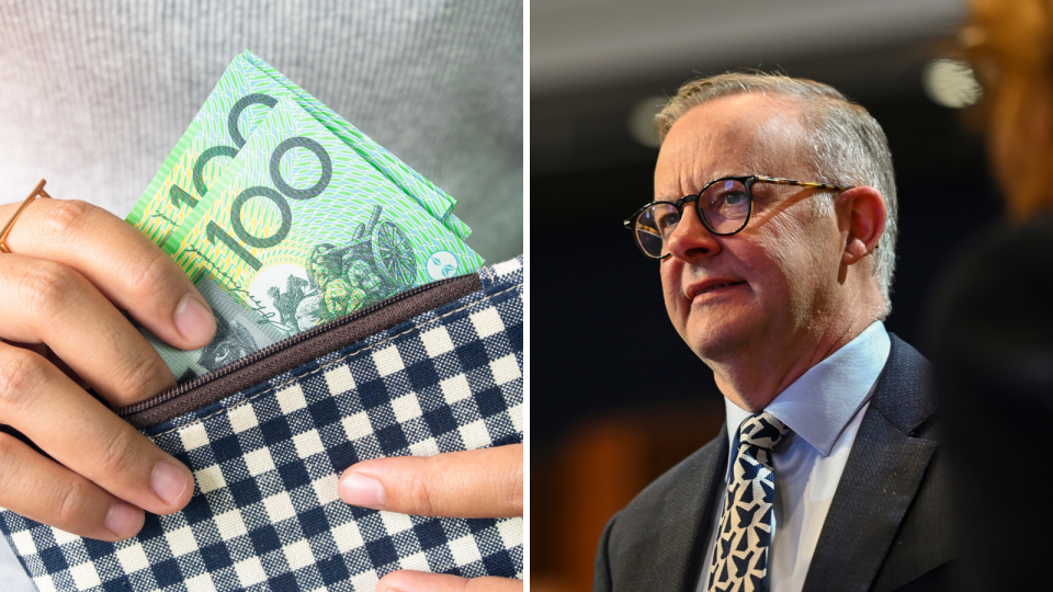 A composite image of a person removing money from a wallet and Prime Minister Anthony Albanese to represent tax cuts in the Budget.