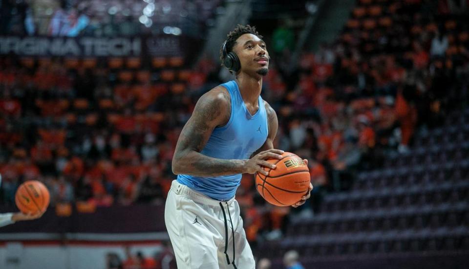 North Carolina’s Leaky Black (1) works on his shooting form prior to the Tar Heels’ game against Virginia Tech on Sunday, December 4, 2022 at Cassell Coliseum in Blacksburg, Va.