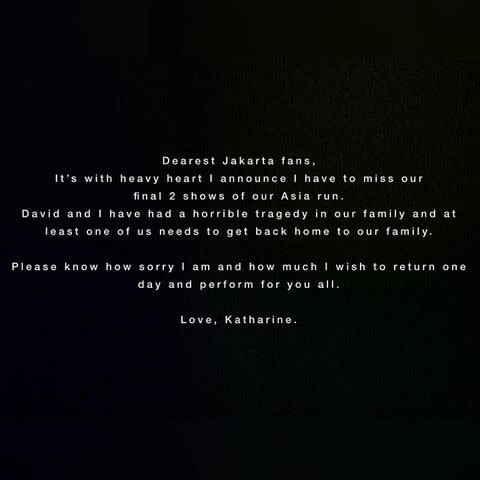 <p>Katharine Foster/Instagram</p> Katharine McPhee's note to Jakarta fans on Instagram.